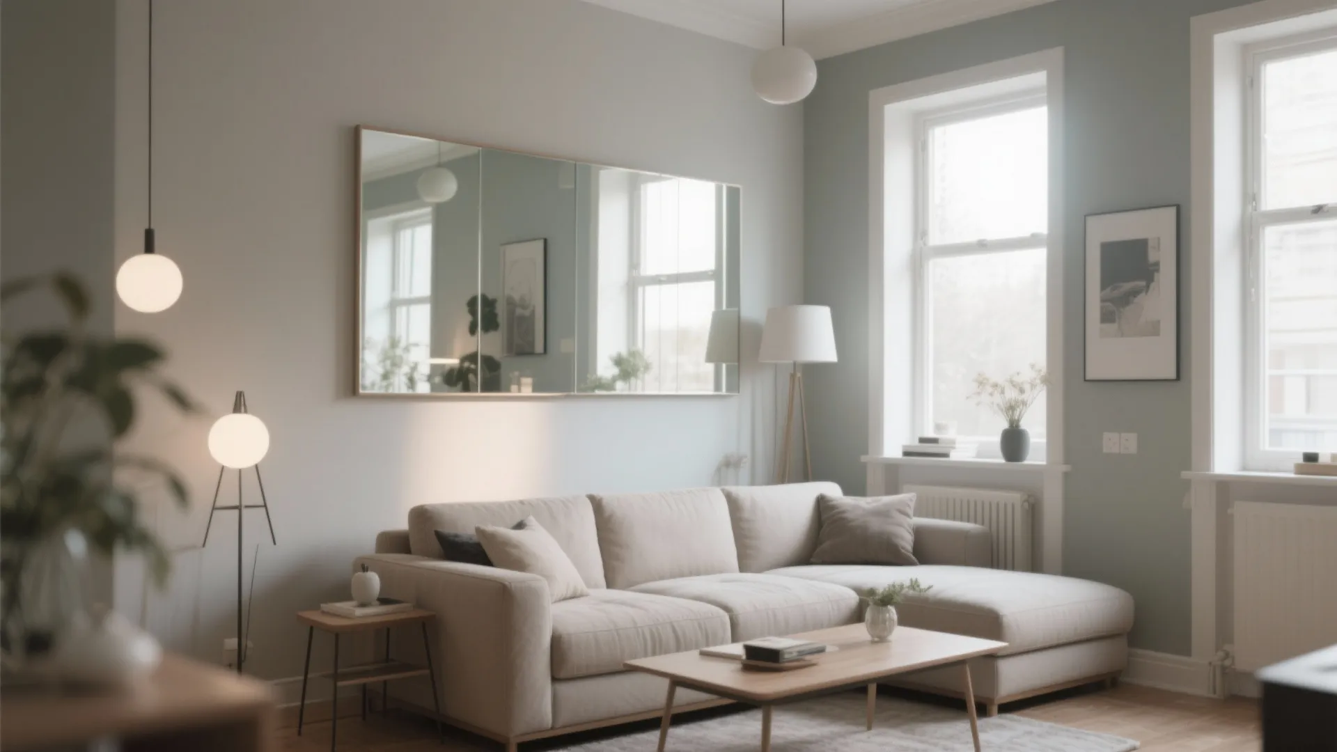 Living room with large wall mirror enhancing depth and light