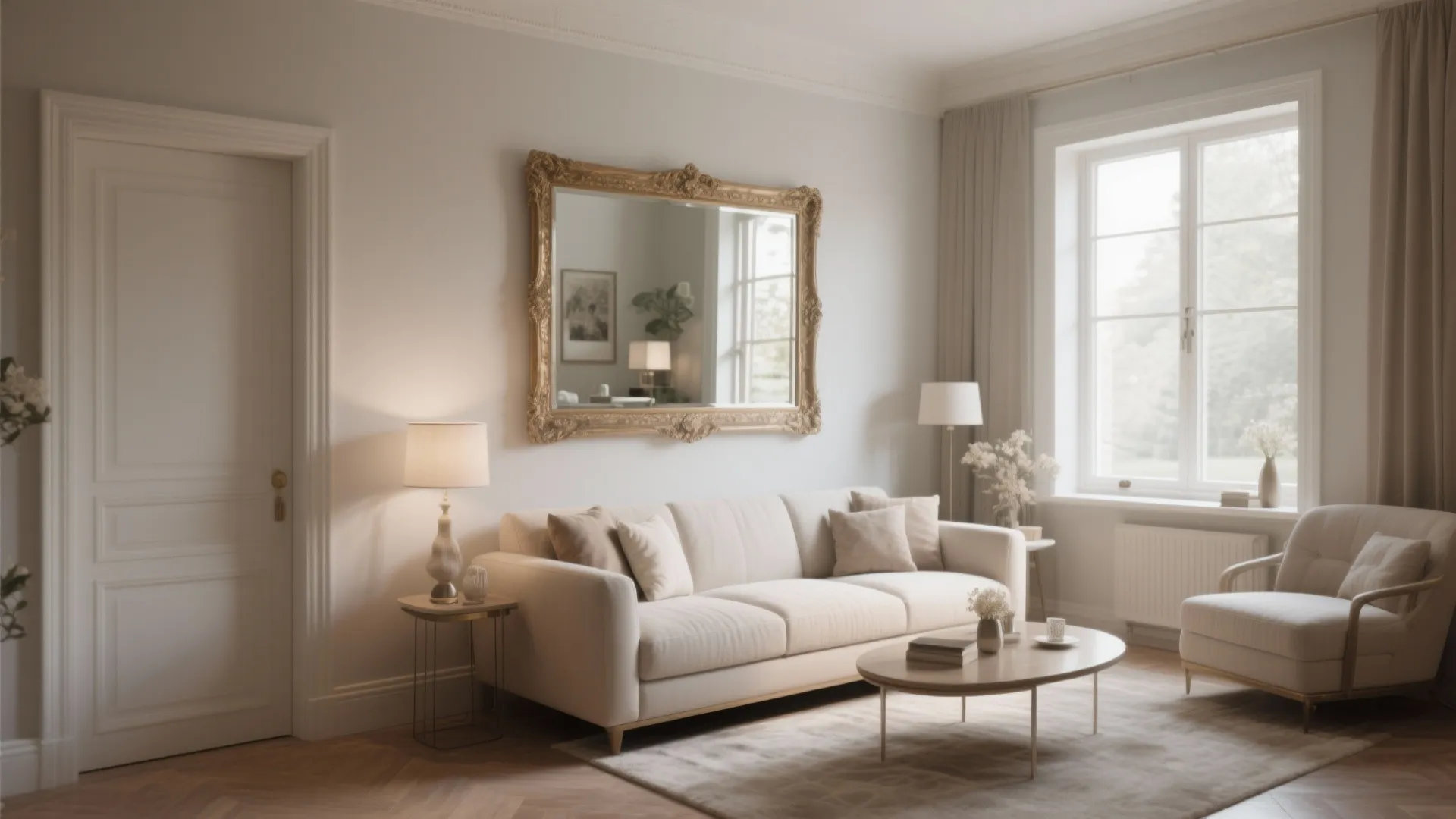 Classic living room with large gold mirror above a cream sofa and wooden coffee table