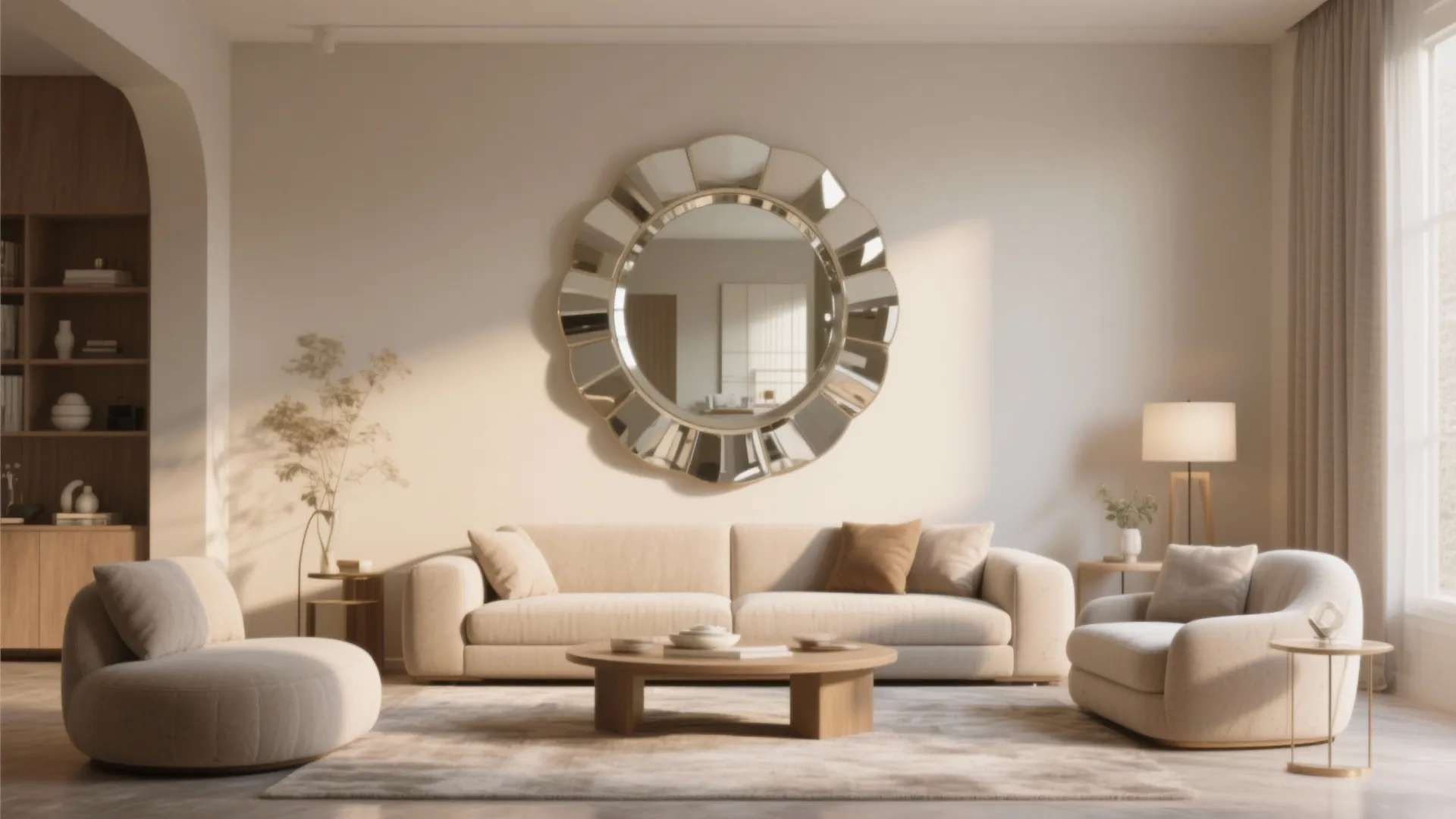 Large round mirror on beige wall above cream sofa with wood coffee table and rug