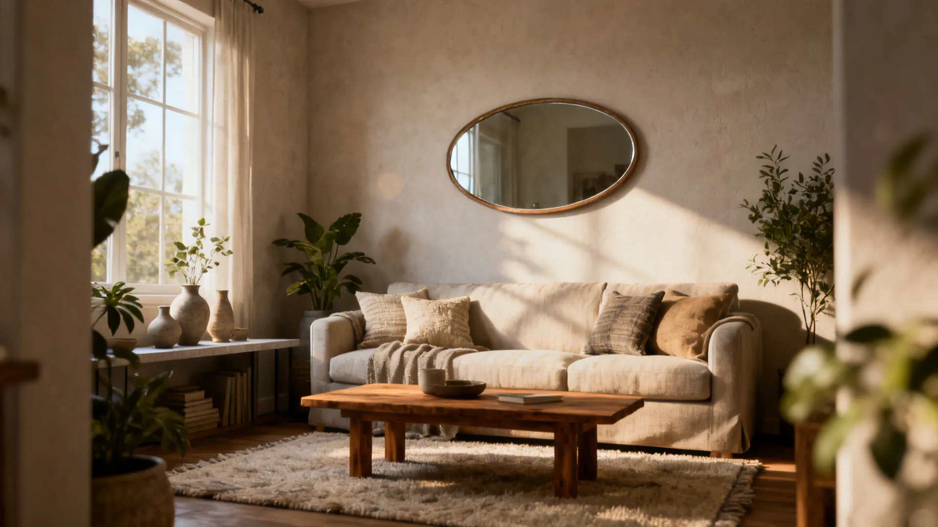 Warm living room with beige sofa wooden coffee table oval wall mirror and natural light
