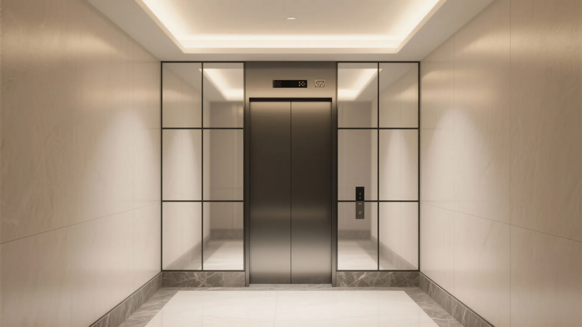 Mirror-backed panels that visually double the lobby