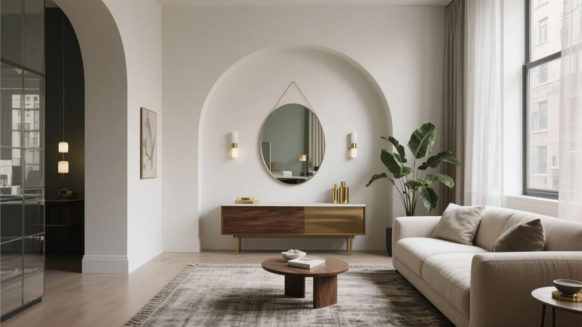 Elegant living room featuring round mirror in arched wall, wooden cabinet, white sofa, and plant
