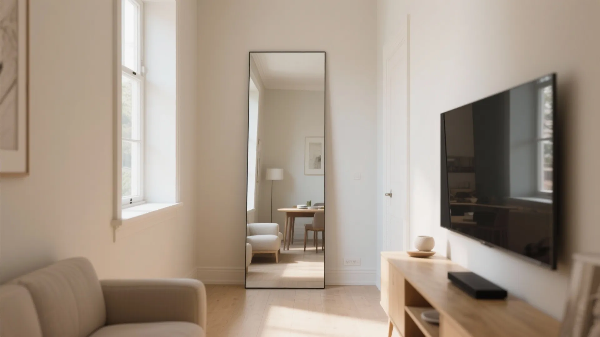 Modern bright living room with tall floor mirror wooden cabinet sofa television and natural sunlight