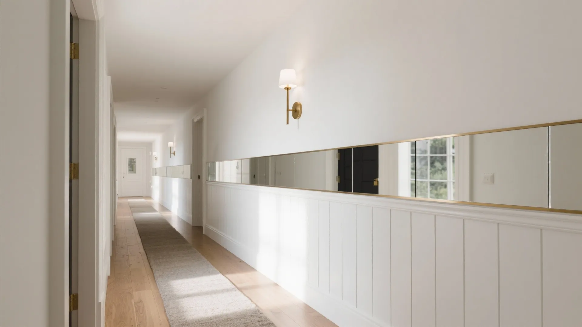 Long white hallway with wooden floors a grey rug wall lights and horizontal wall mirrors