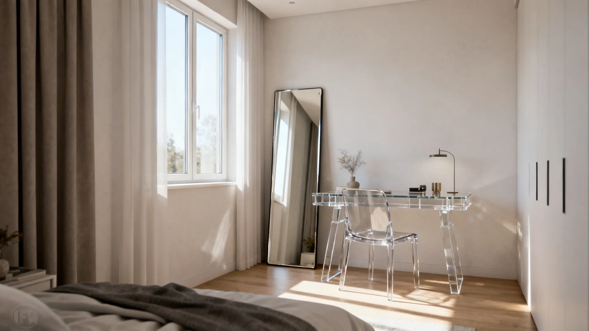 Full-length mirror and lucite desk expanding light and space in a small teen bedroom