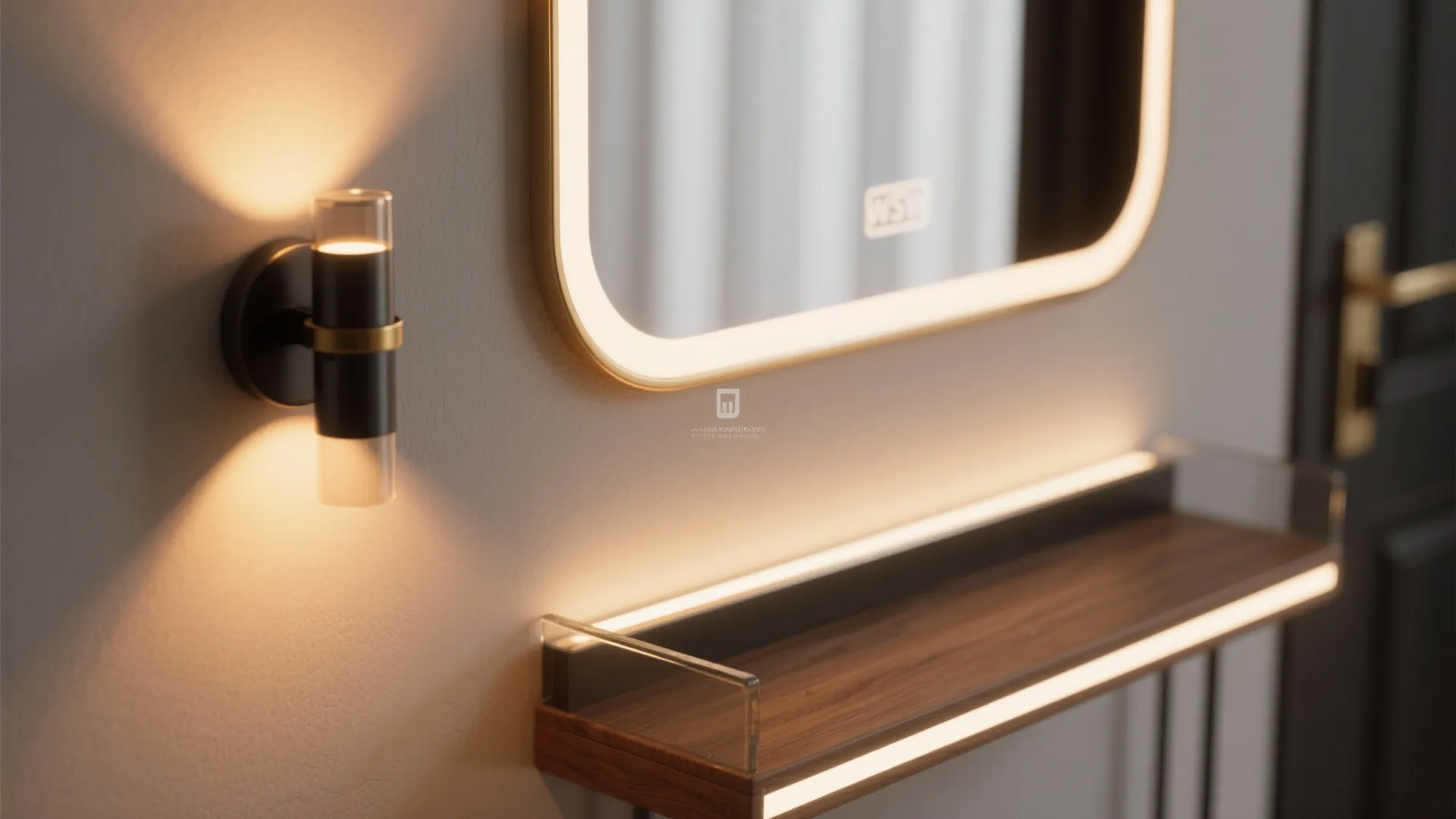 Statement mirror and layered lighting to expand space