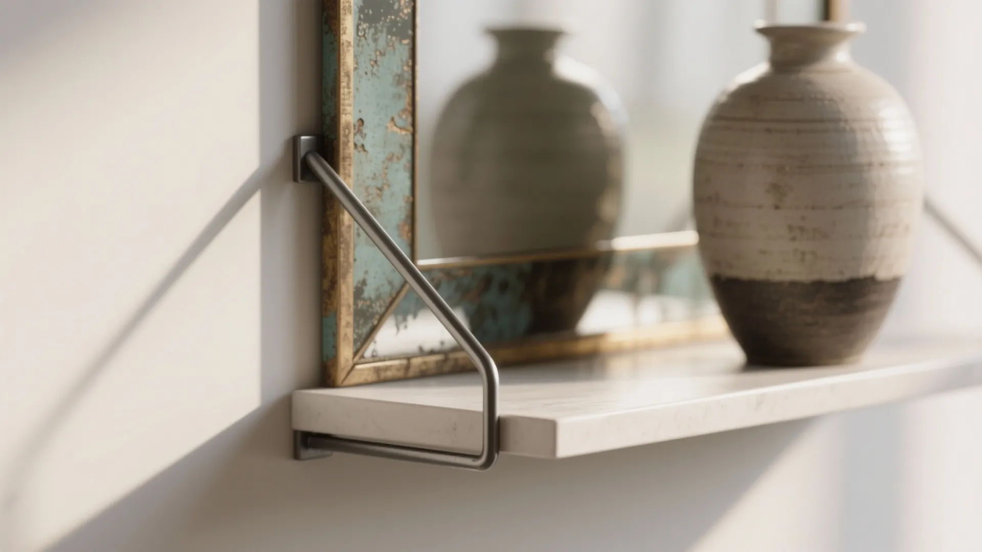 Macro detail of antique mirror backing, ceramic decor, and slim steel bracket.