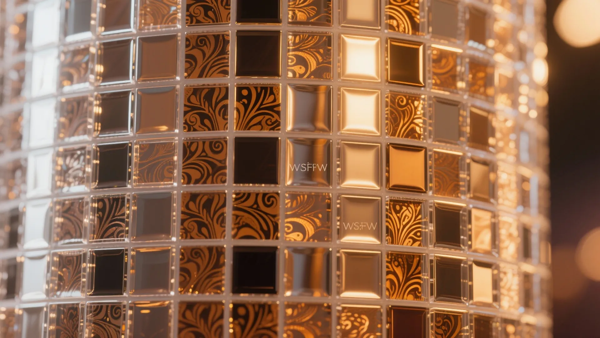 Macro of acrylic mirror mosaic reflecting warm gobo light with subtle paisley motion.