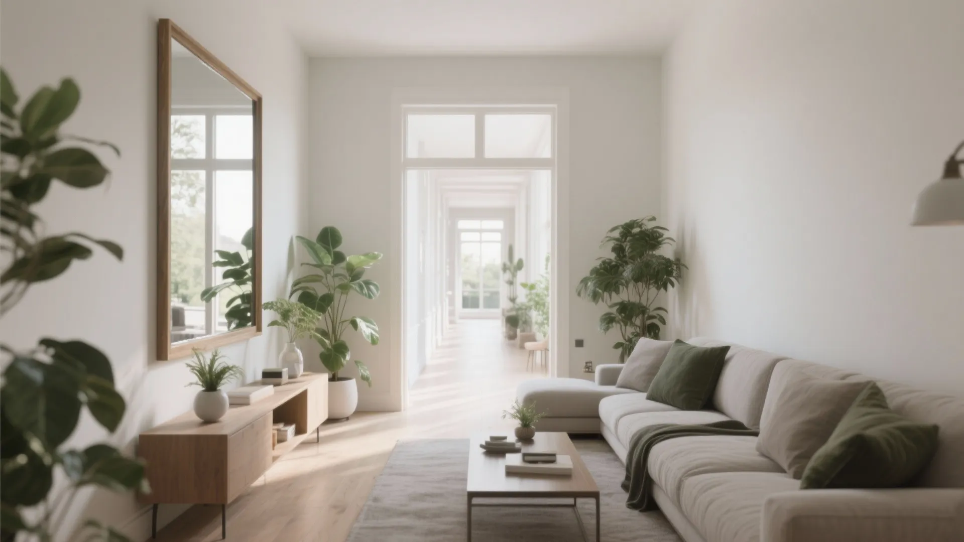 Modern living room featuring a large wall mirror wooden cabinet white sofa and green indoor plants