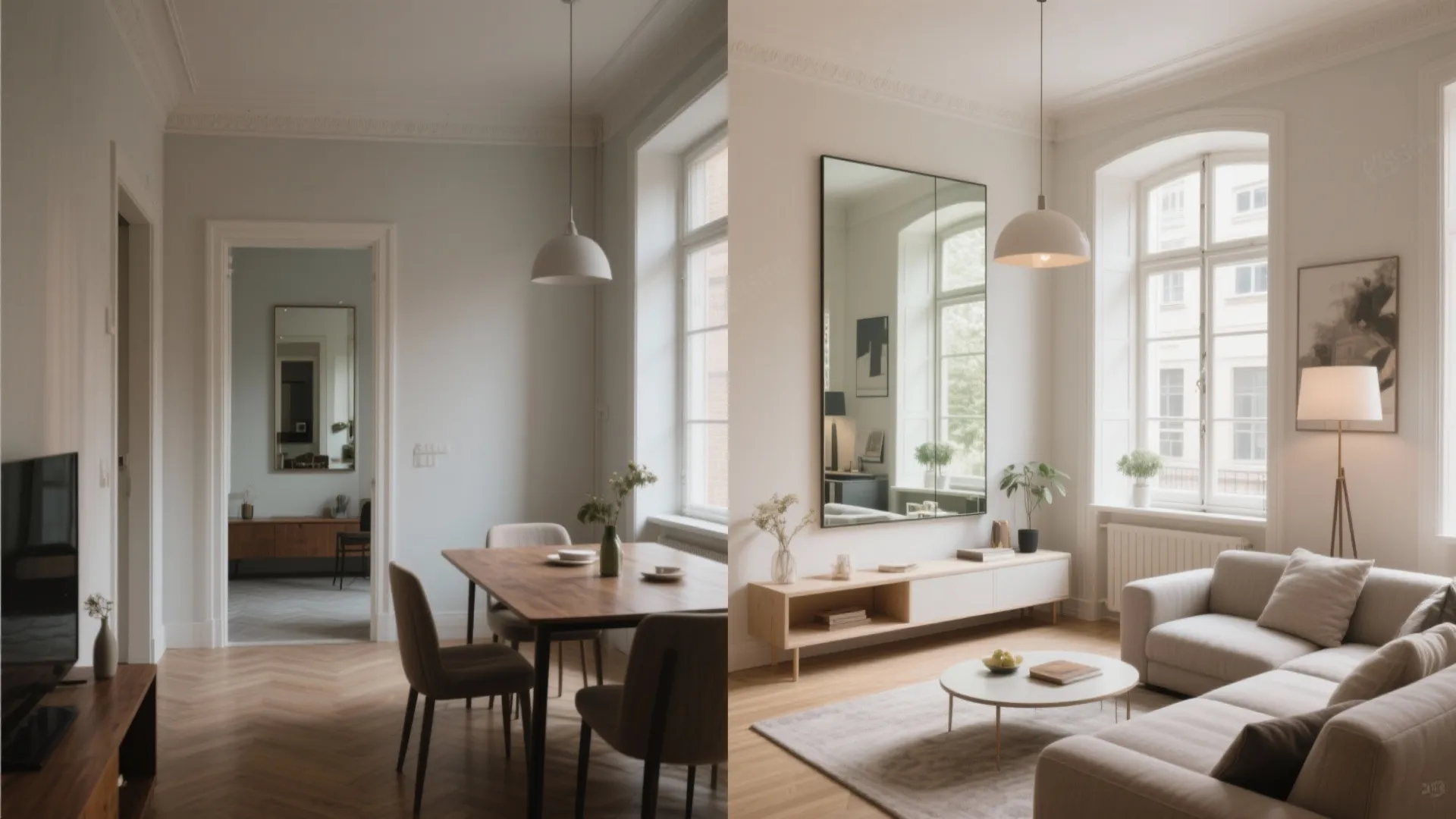 Interior design drawing comparison showing dining area and living room with large wall mirror fixture