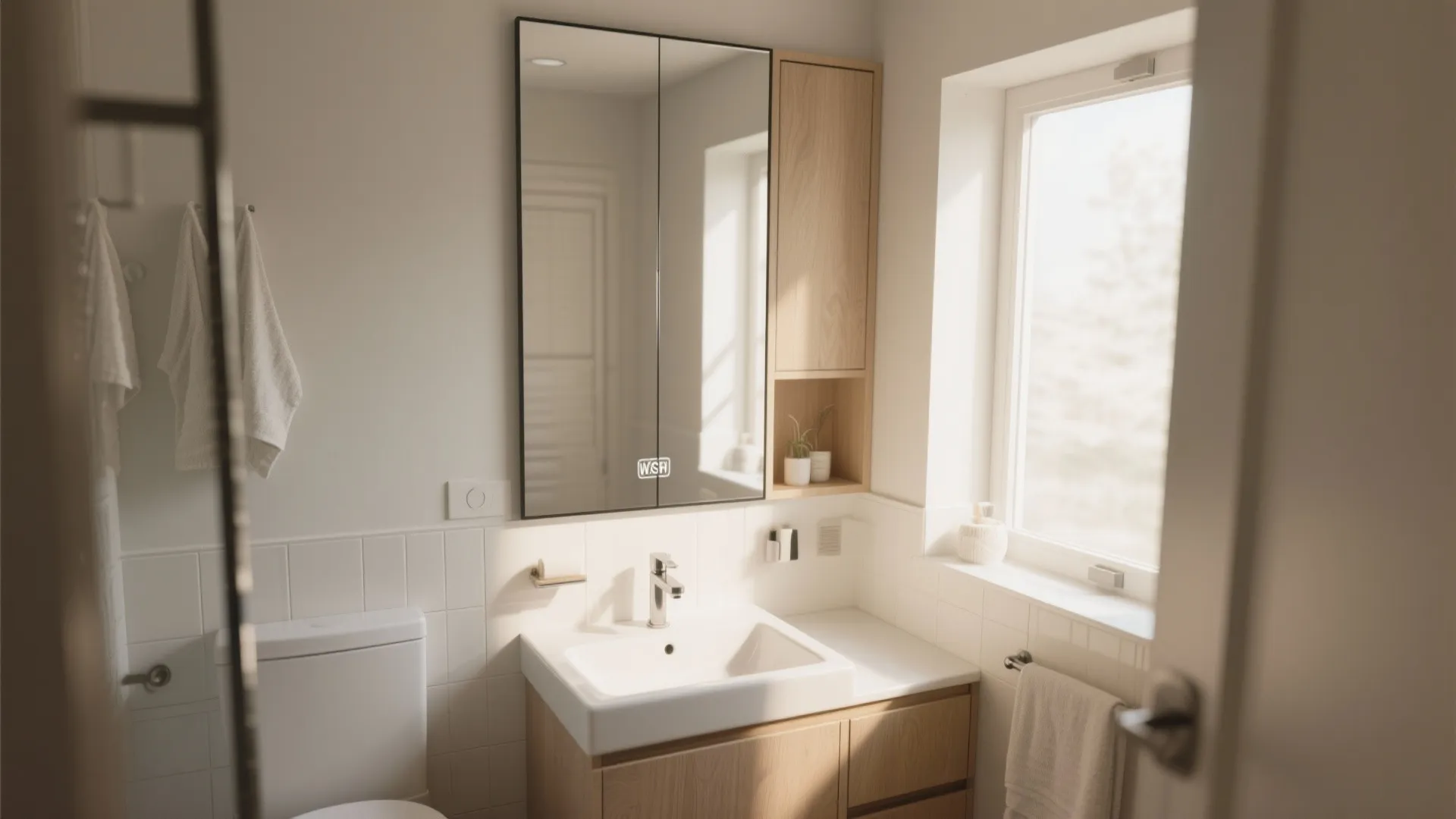 Small bathroom vanity with white sink wooden cabinet large mirror and sunlight from a window