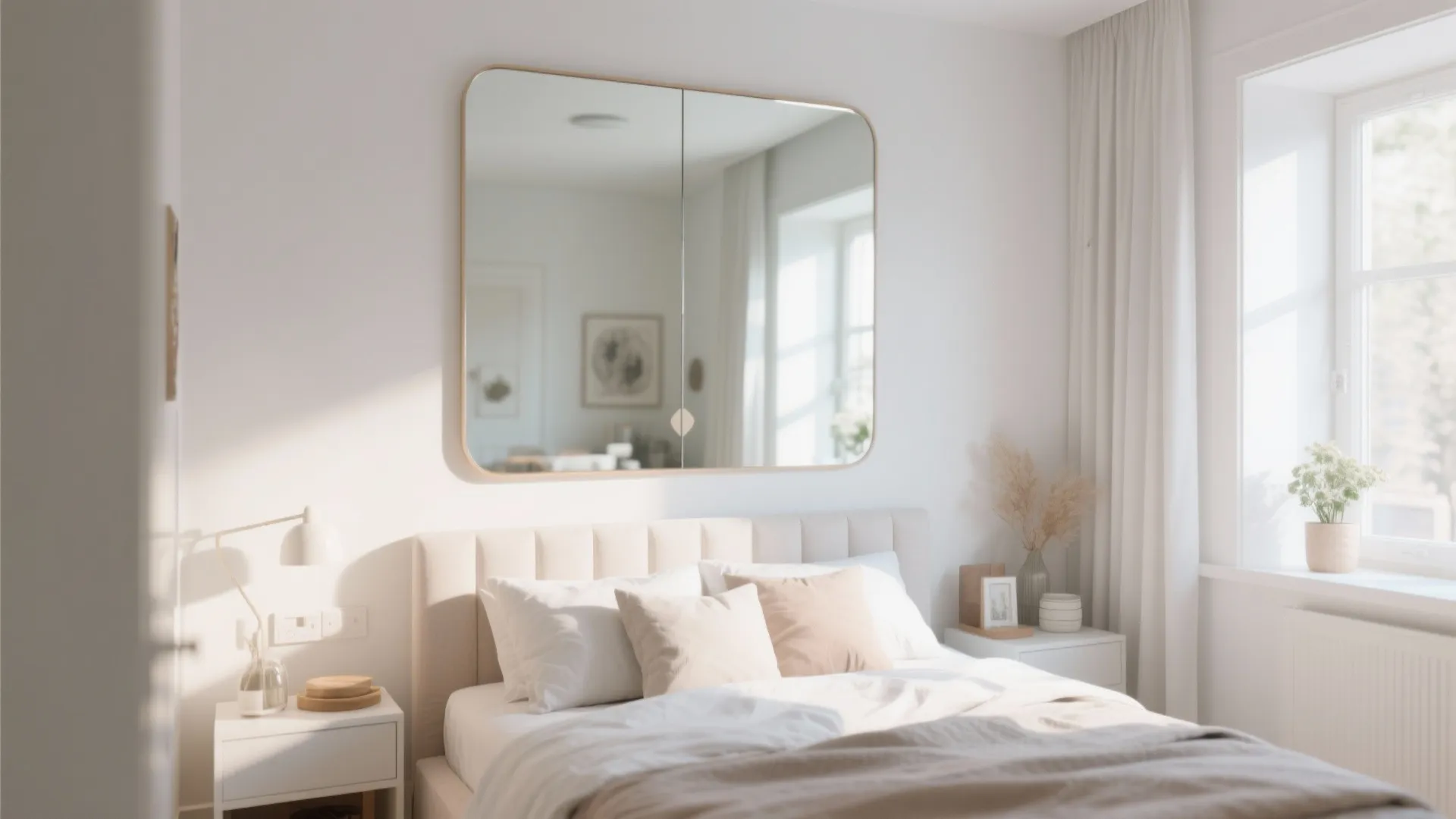 Bright bedroom interior design drawing with large square wall mirror above bed and white furniture