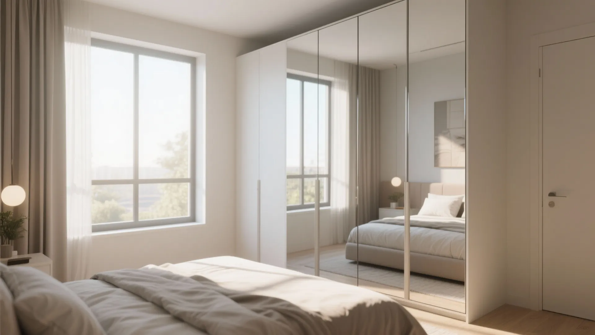 Bedroom mirrored wardrobe reflecting sunlight and enlarging space