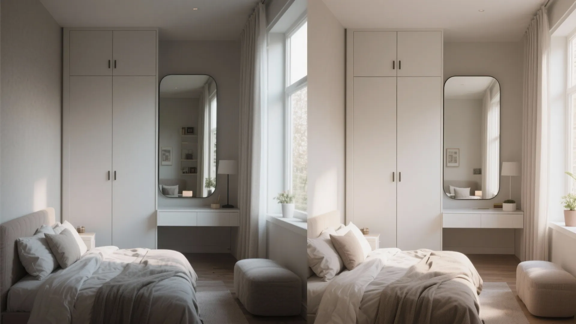 Minimalist bedroom with white cabinet a large wall mirror and comfortable bed in natural light