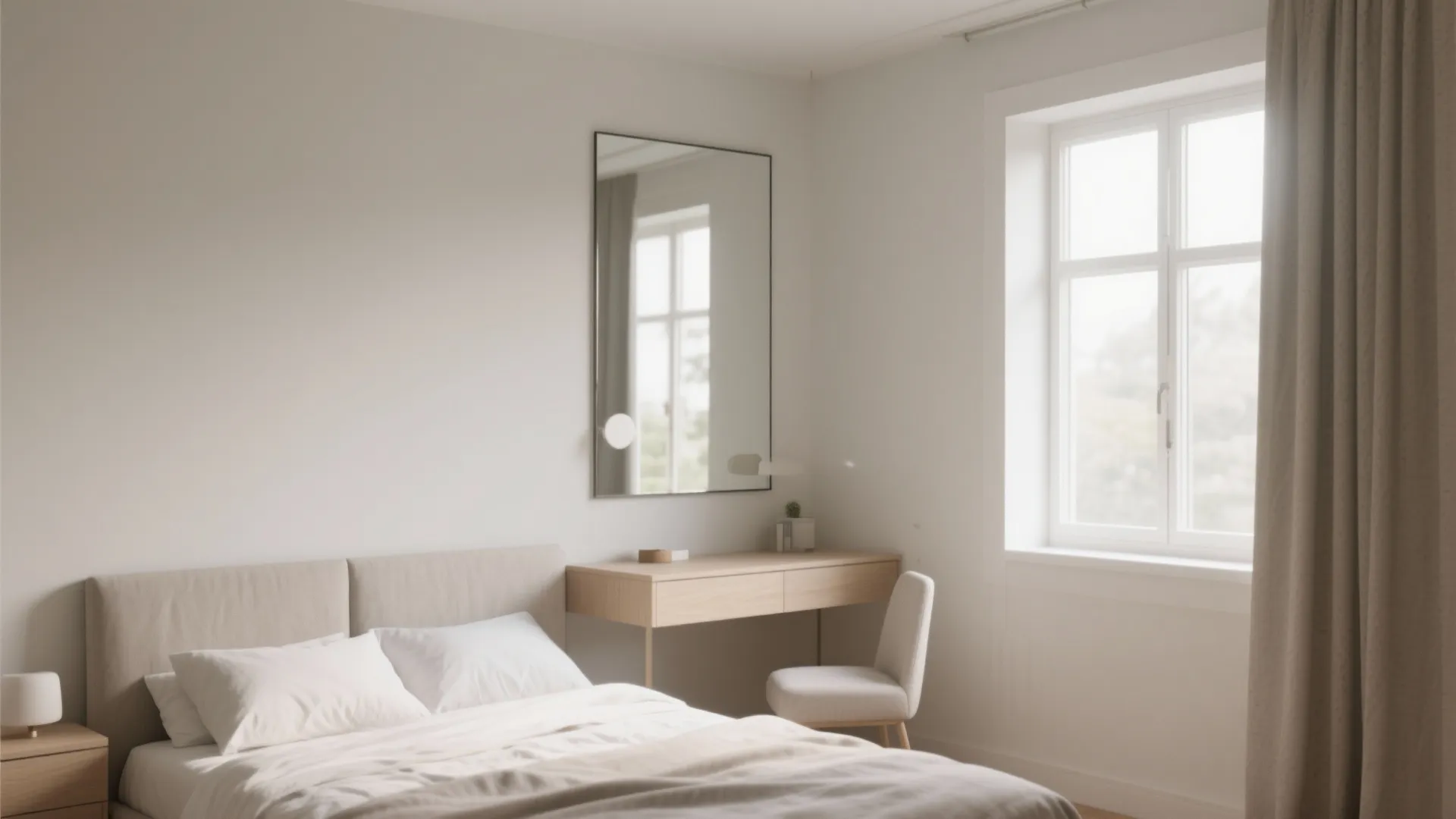 Modern bedroom with a white bed wooden desk large wall mirror and bright window light