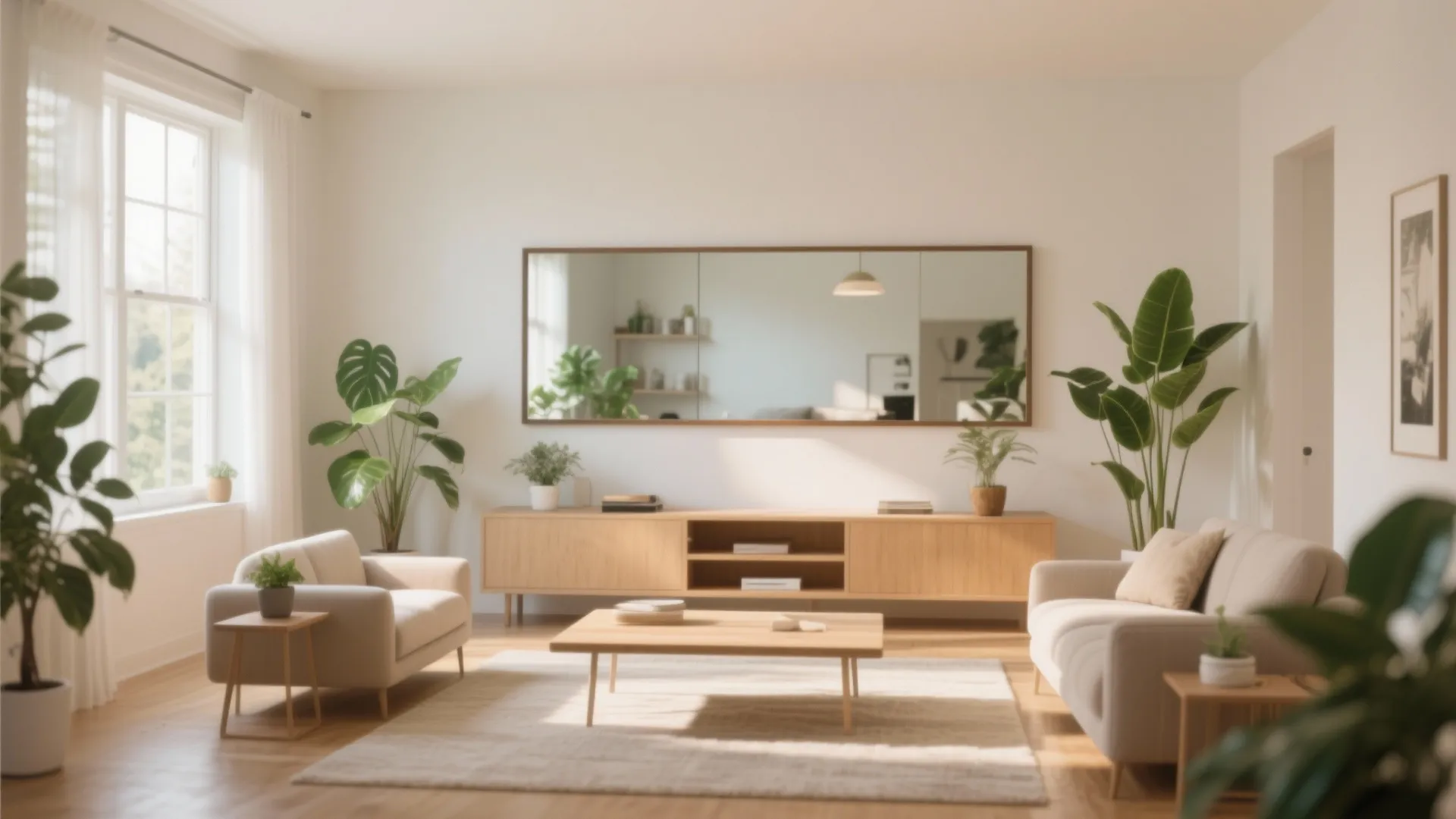 Modern living room featuring a large horizontal wall mirror above a wooden cabinet and sofa