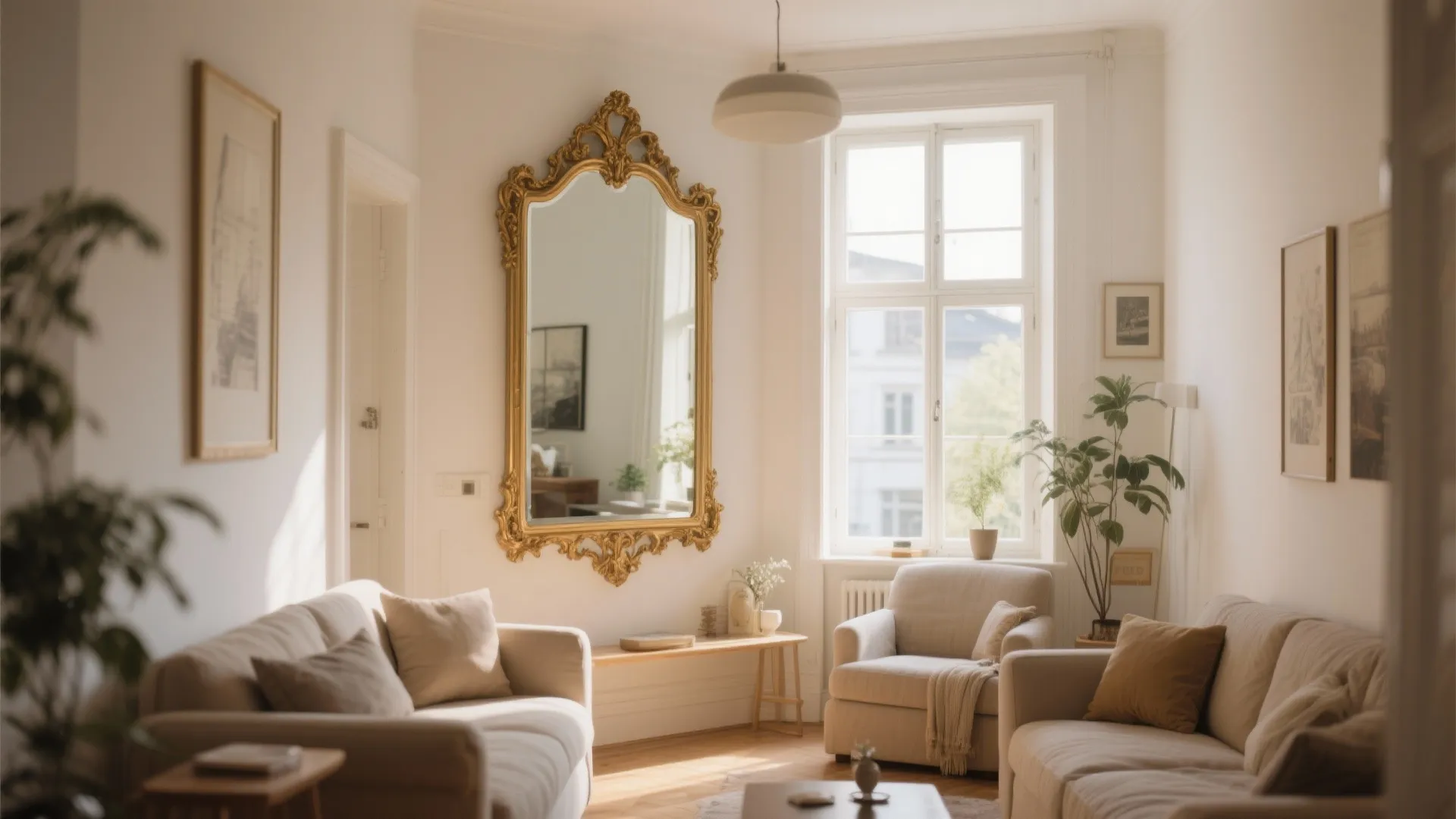 Bright living room featuring a large gold ornate wall mirror, beige sofas, and white windows