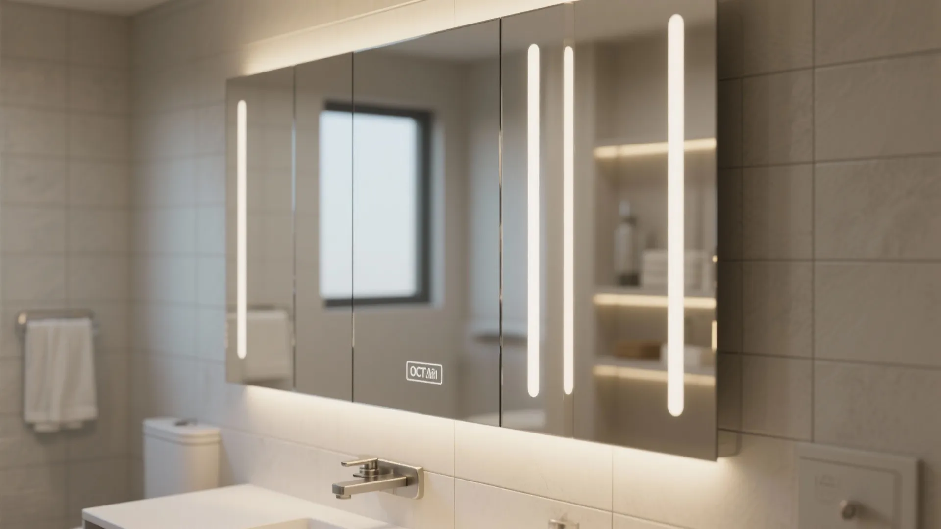 Large bathroom cabinet with mirrored doors integrated light bars over a white sink with modern faucet