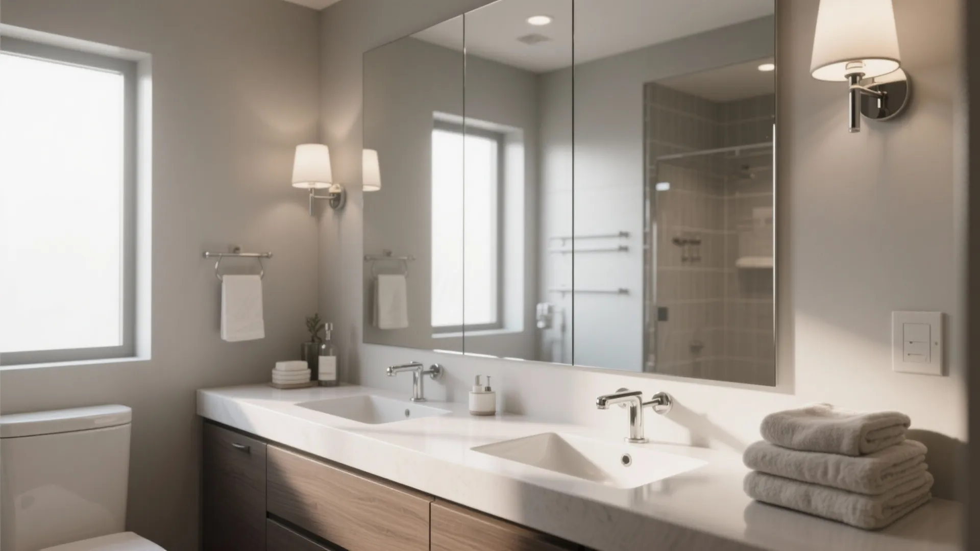 Modern bathroom with double sinks wood cabinet large mirror wall light fixtures and white folded towels