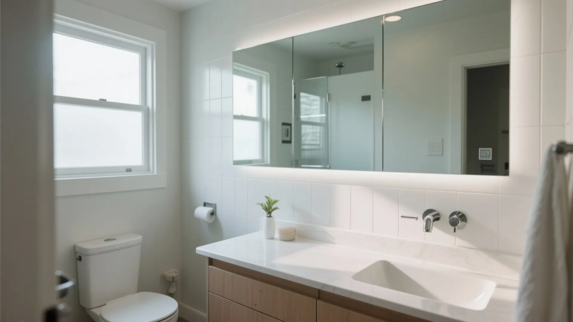 Modern bathroom with large lighted mirror over wood cabinet white counter and white flush toilet