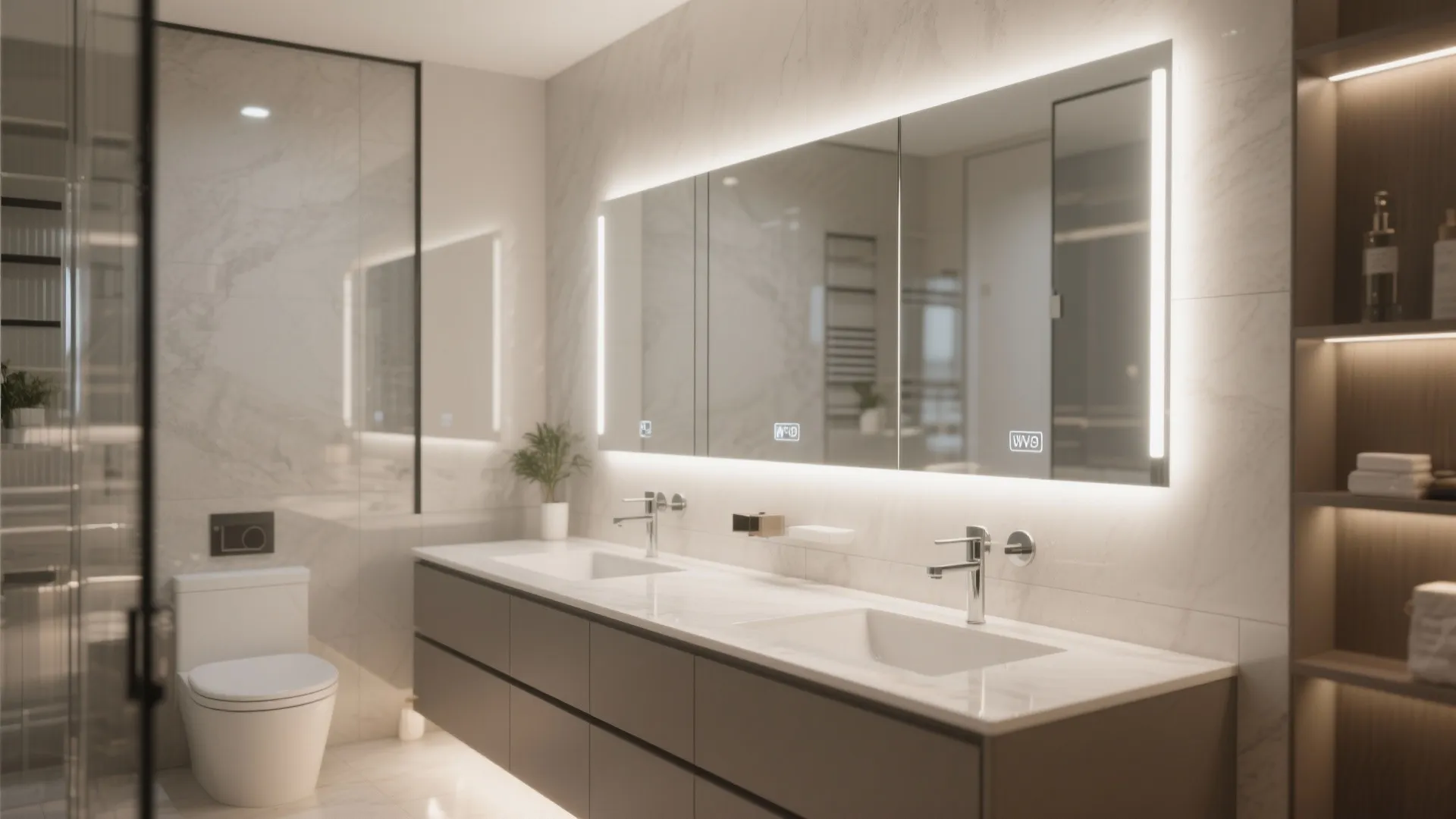 Modern bathroom with full-width mirror and LED backlighting