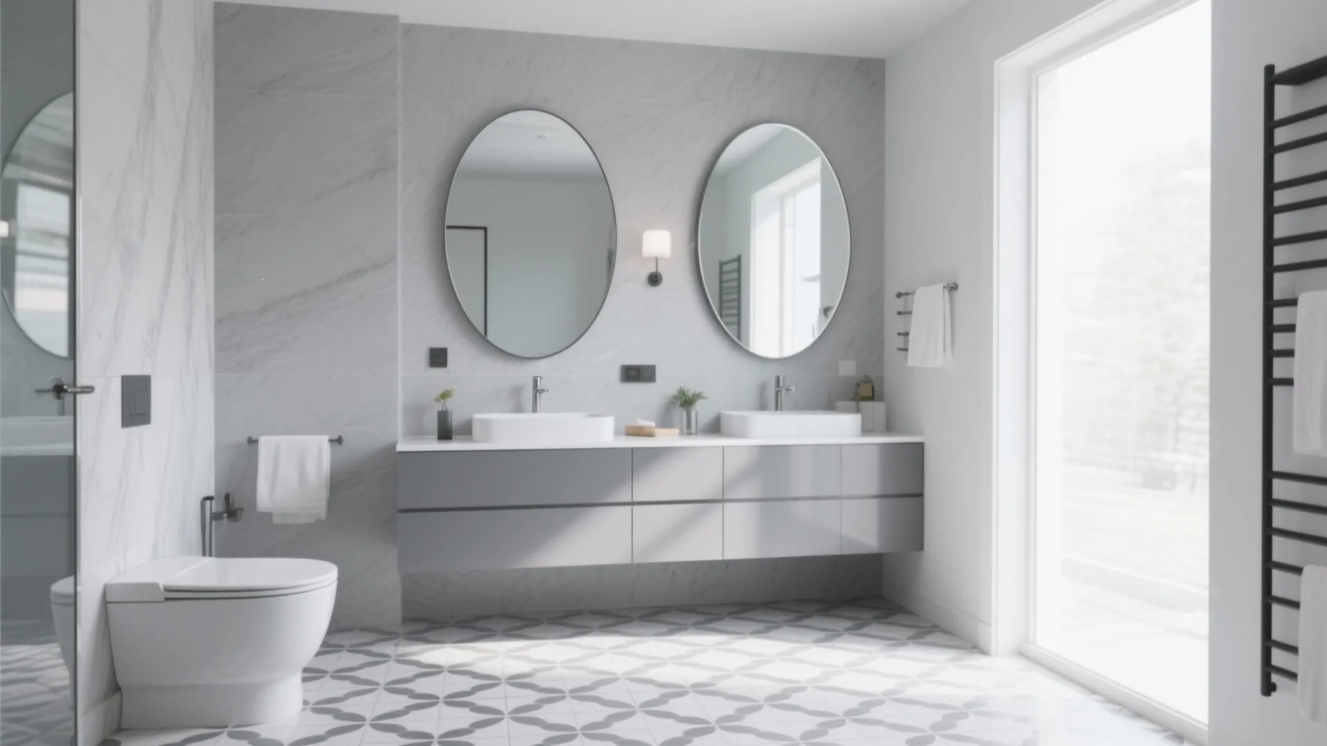 Bright bathroom featuring two oval mirrors gray floating vanity patterned floor tiles and white toilet