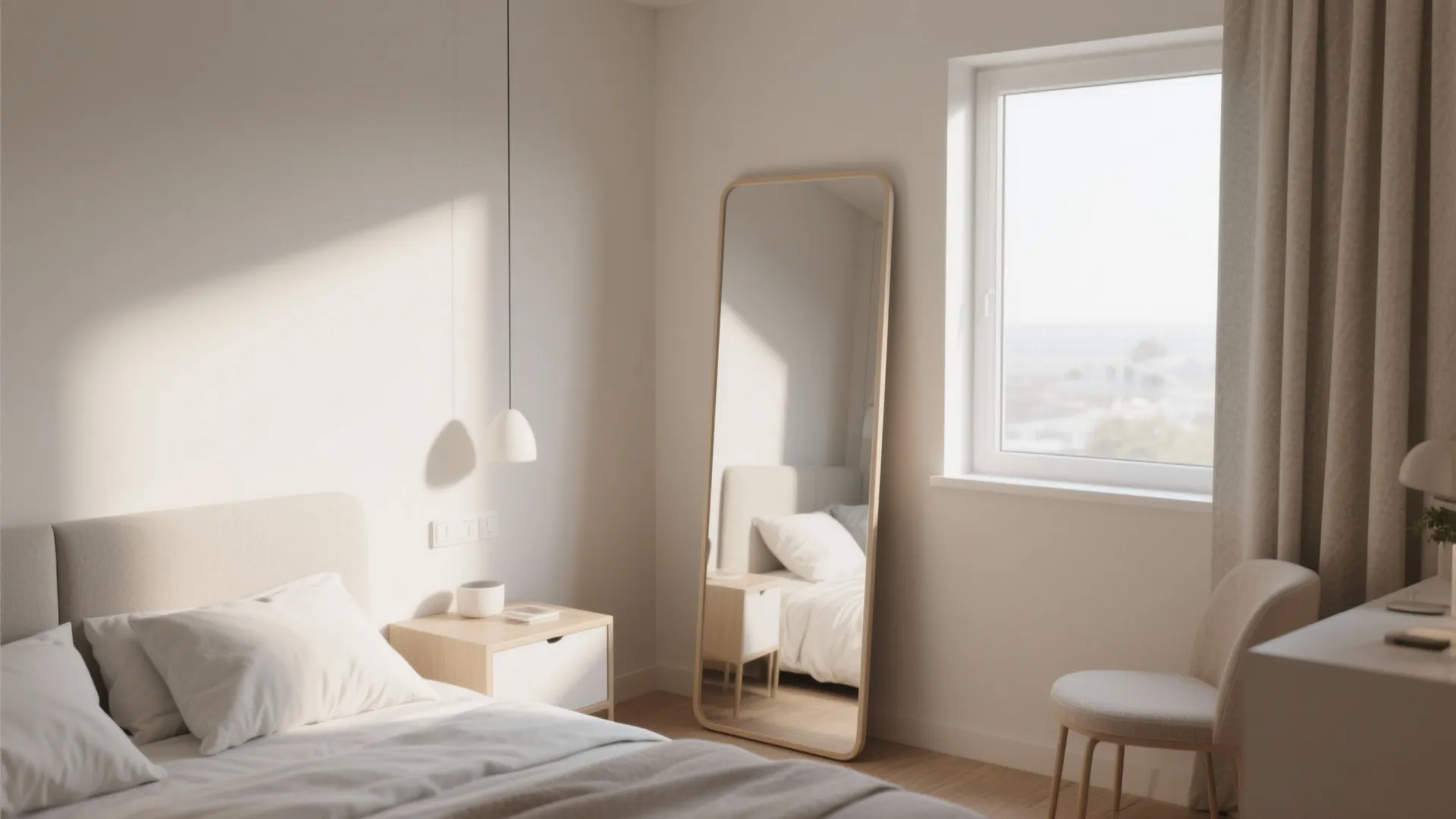 Minimalist bedroom featuring white walls large floor mirror wooden nightstand hanging light chair and window