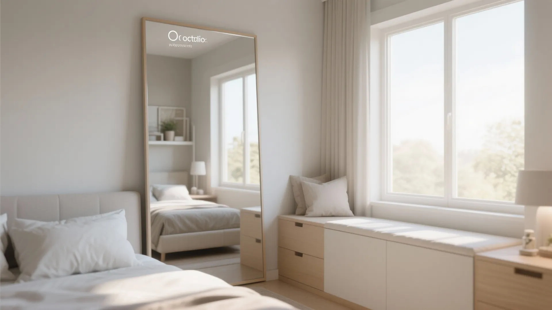 Large wall mirror reflecting sunlight in small bedroom