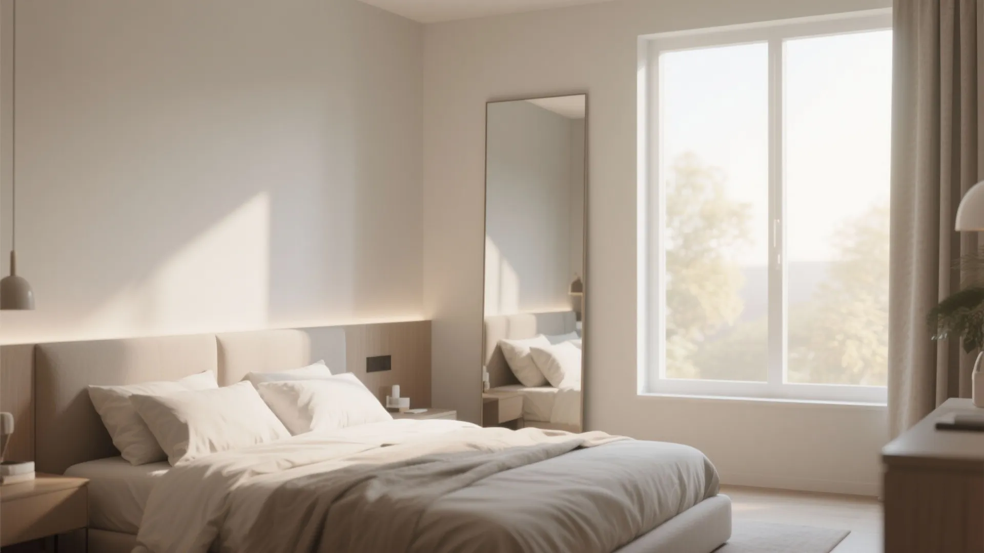 Minimalist modern bedroom with natural light from window white bed and tall leaning full mirror