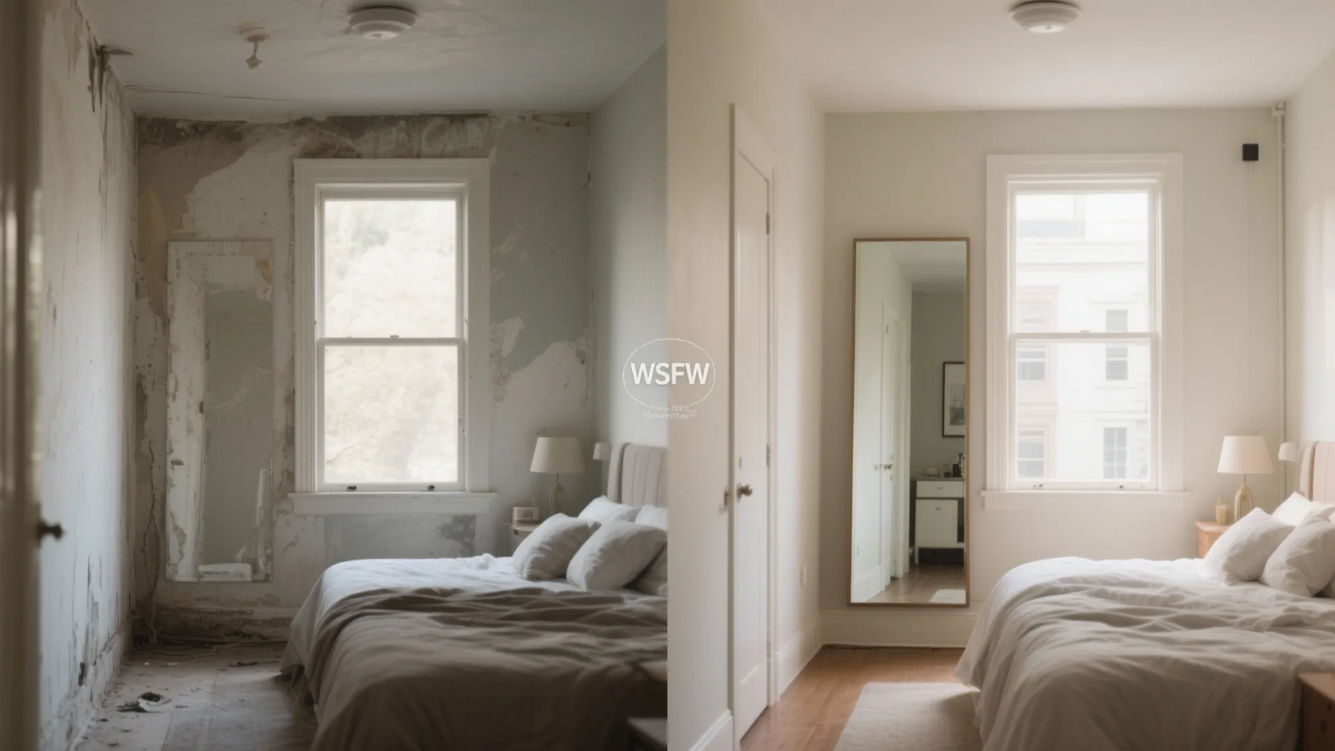 Before-and-after comparison showing an old bedroom renovation with new white walls and a large mirror