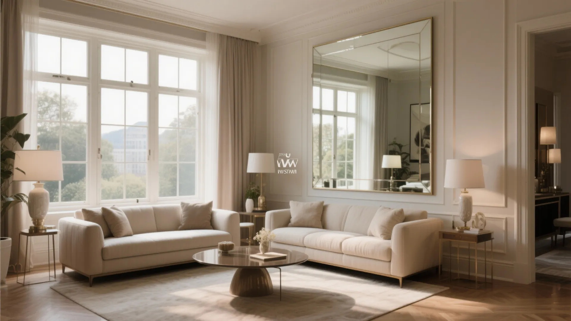 Elegant living room with two white sofas large wall mirror round coffee table and natural light
