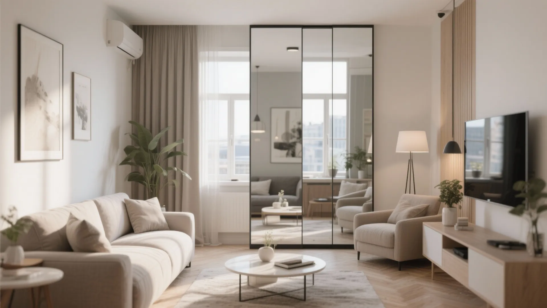 Modern living room featuring large mirrors on the wall reflecting a sofa and light furniture