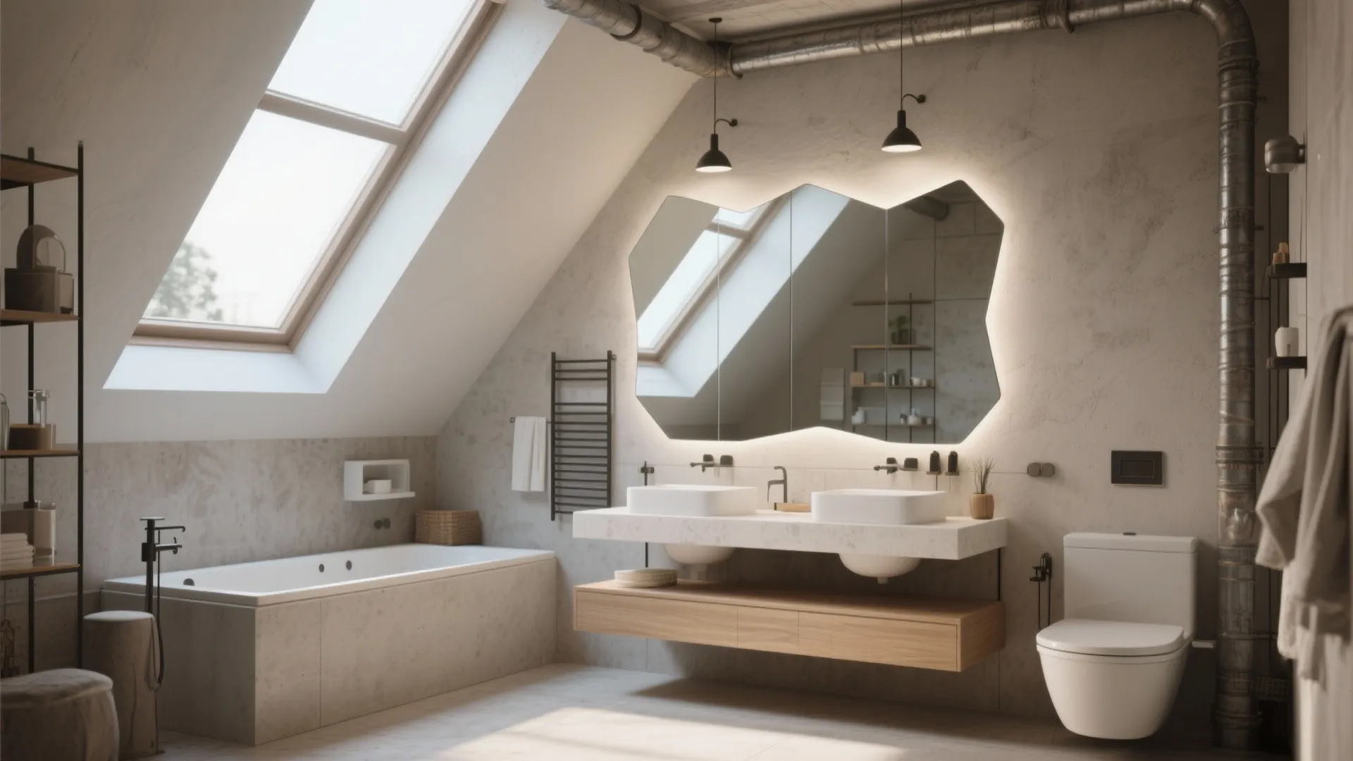 Modern attic bathroom with lighted mirror double sinks bathtub toilet wall light and sloped roof window