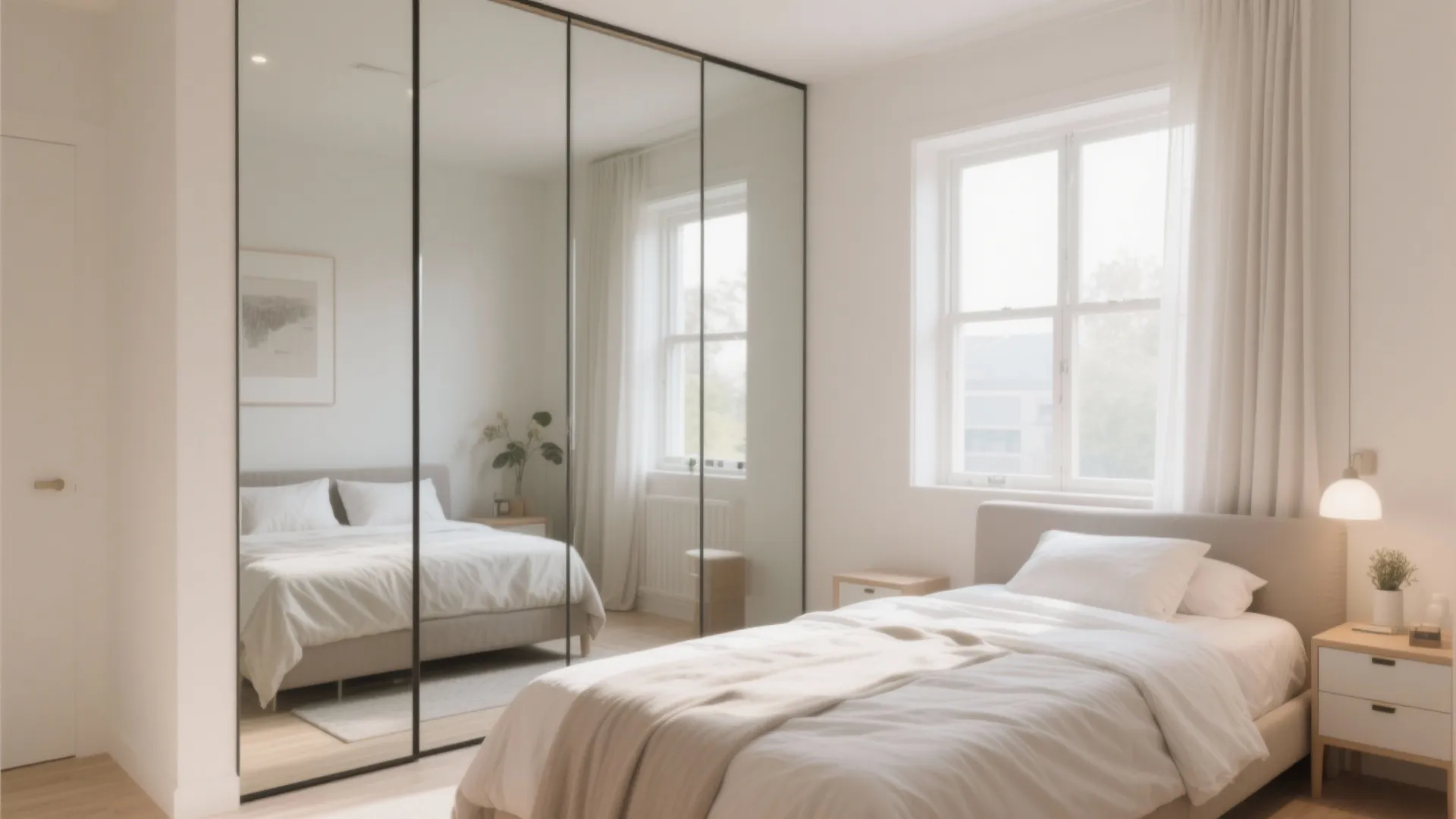 Bedroom with large mirror reflecting window light