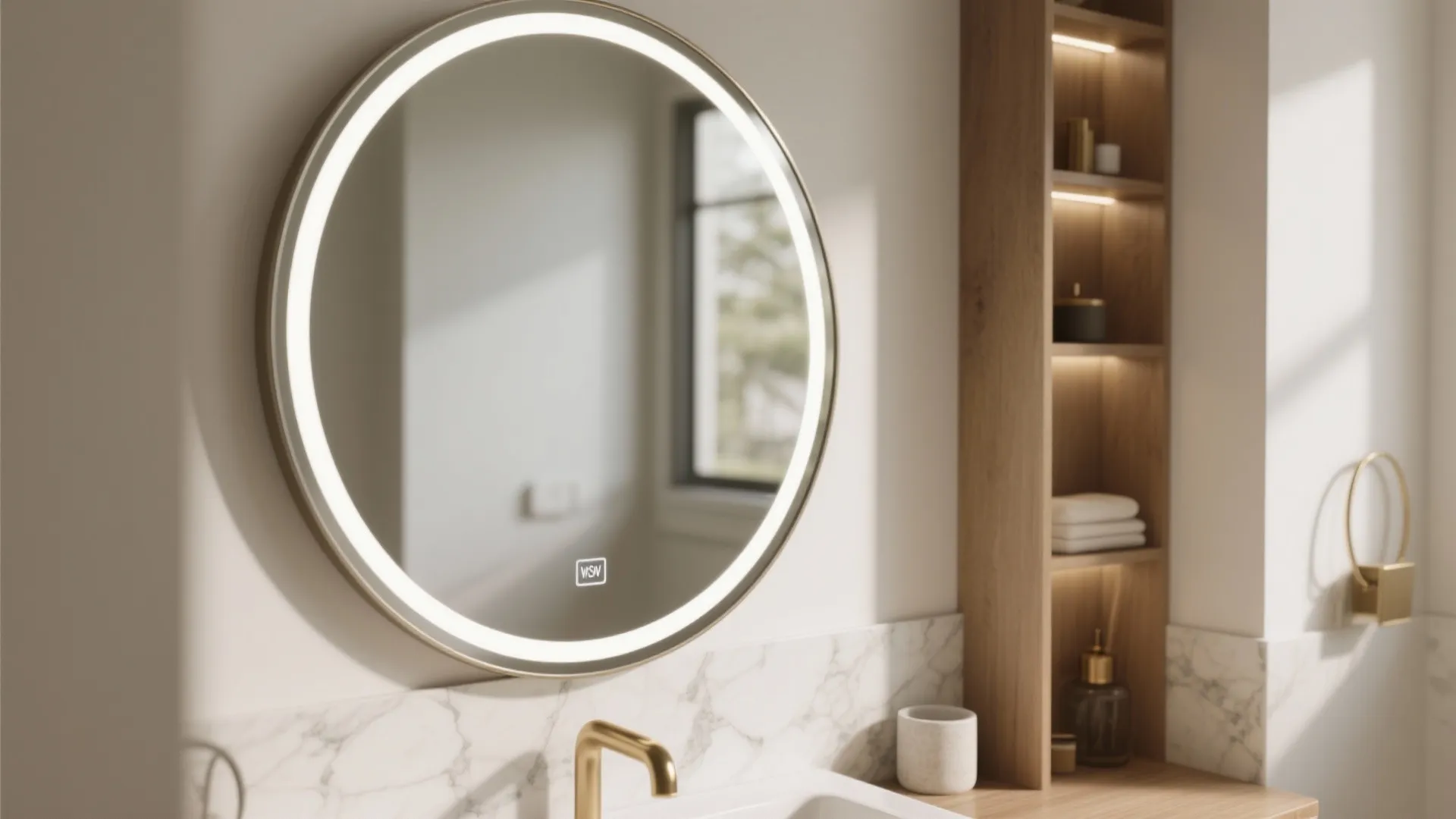 Round glowing mirror over a marble counter with gold faucet and wooden shelves for storage
