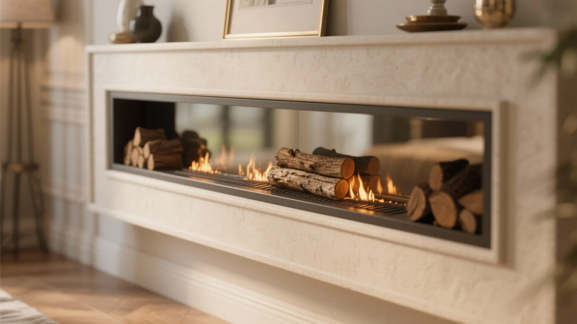 5. Mirror-backed mantel with concealed electric logs
