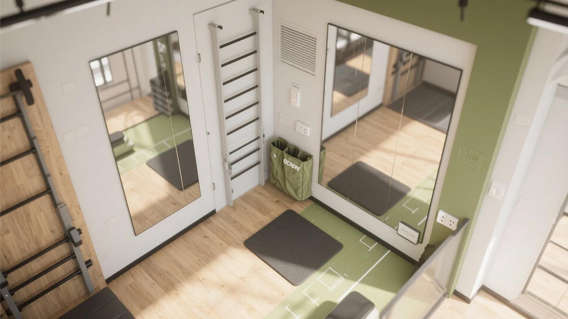 Modern home gym with wall mirrors wood floor green walls exercise mats and fitness wall bars