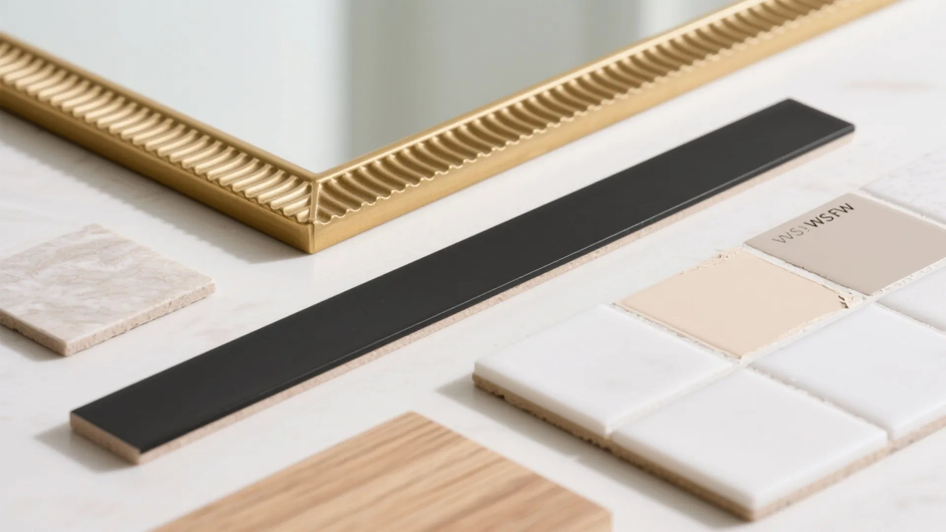 Collection of interior design material samples including gold mirror frame wood tile and color swatches