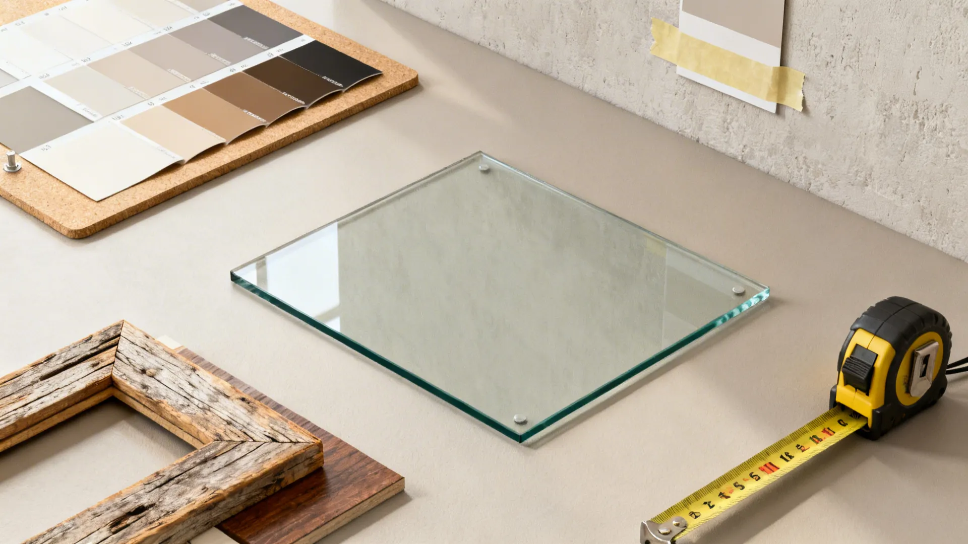 Flatlay of mirror material samples, tape mockup and color chips for planning installation.