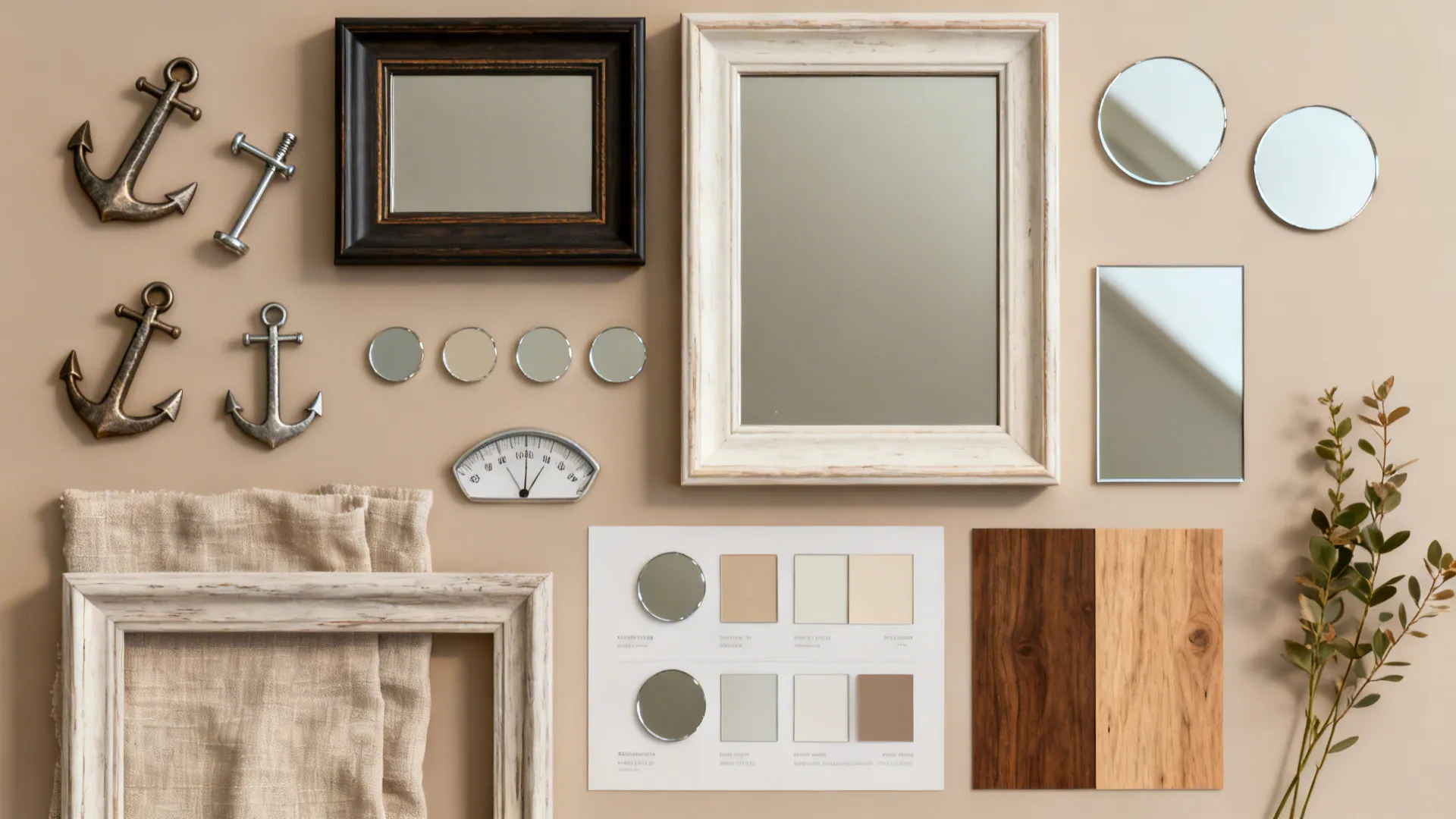 Flatlay of mirror frames, hardware, and material samples for choosing mirror placement and style