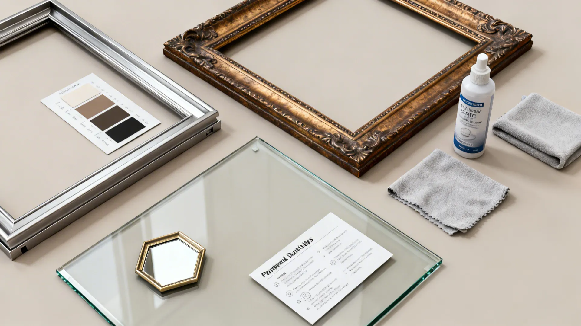 Flatlay of mirror styling samples and maintenance items for choosing mirror styles and upkeep.