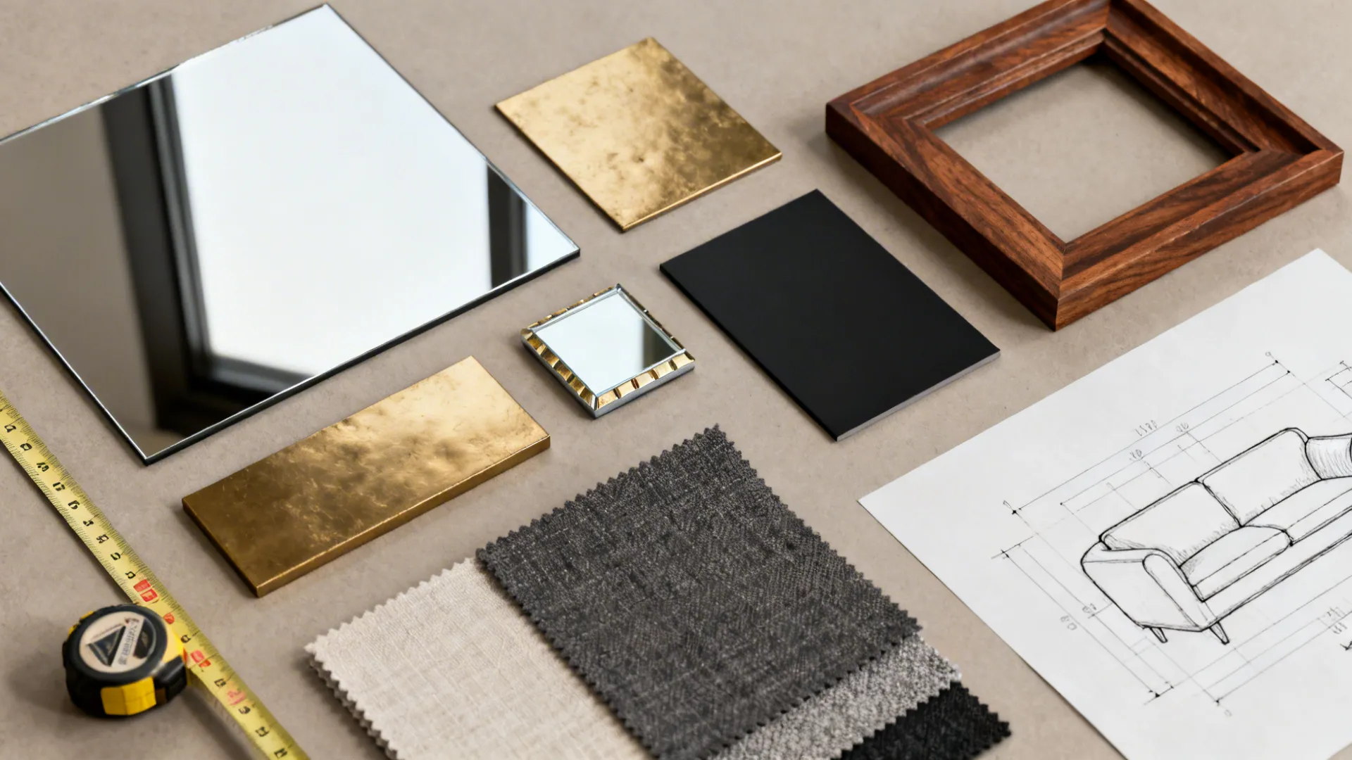 Interior design material flat lay with mirror samples fabric swatches wooden frame tape measure sketch