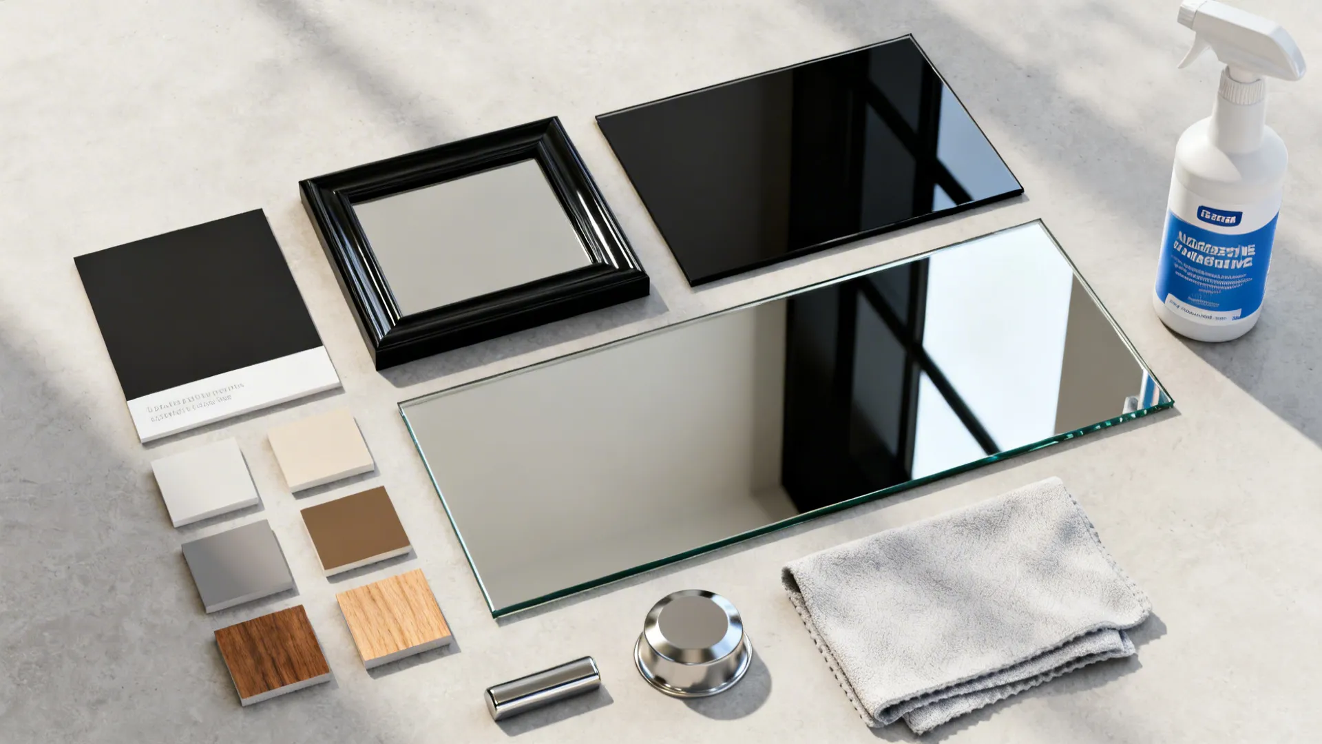 Flatlay of black frame swatches, glass samples, paint chips and cleaning supplies for mirror planning