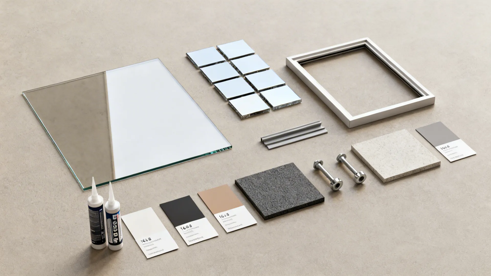 Interior design material board with mirror glass small tiles white frame color cards and stone