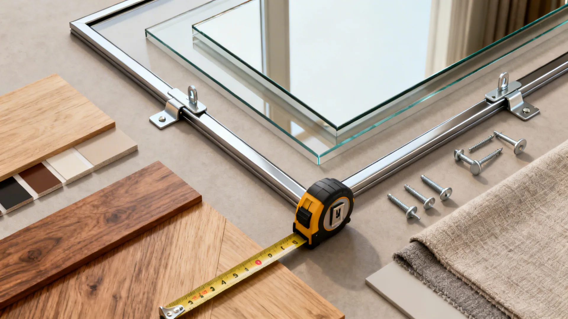 Flatlay of slim frames, cleat hangers, anchors and material swatches for mirror installation planning