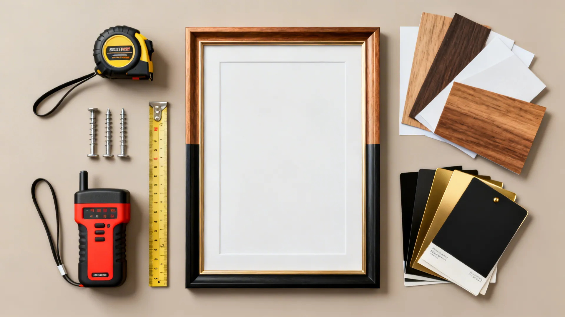 Flatlay of mirror frame samples, mounting hardware and mockup templates for placement
