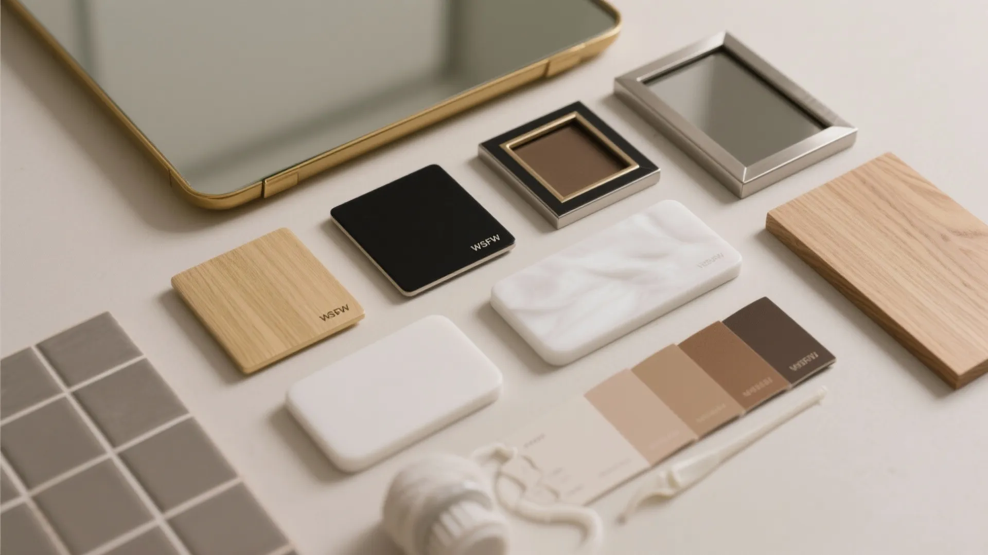 Flat lay of brass, black, and nickel frames with oak, tile, and solid-surface samples.