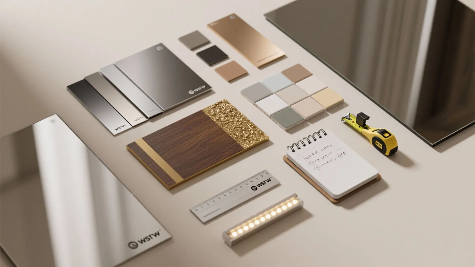 Interior design materials including metal plates wood panels tiles notebook ruler and a yellow tape measure