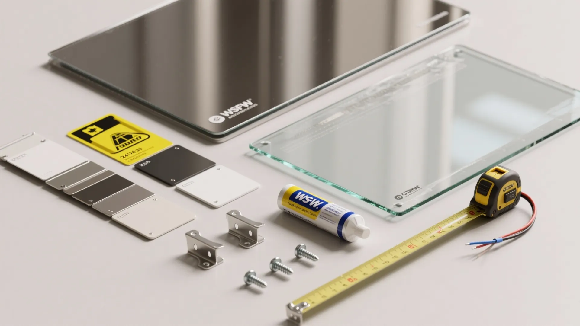 Glass sheets color samples glue and measuring tape on white table for bathroom mirror installation