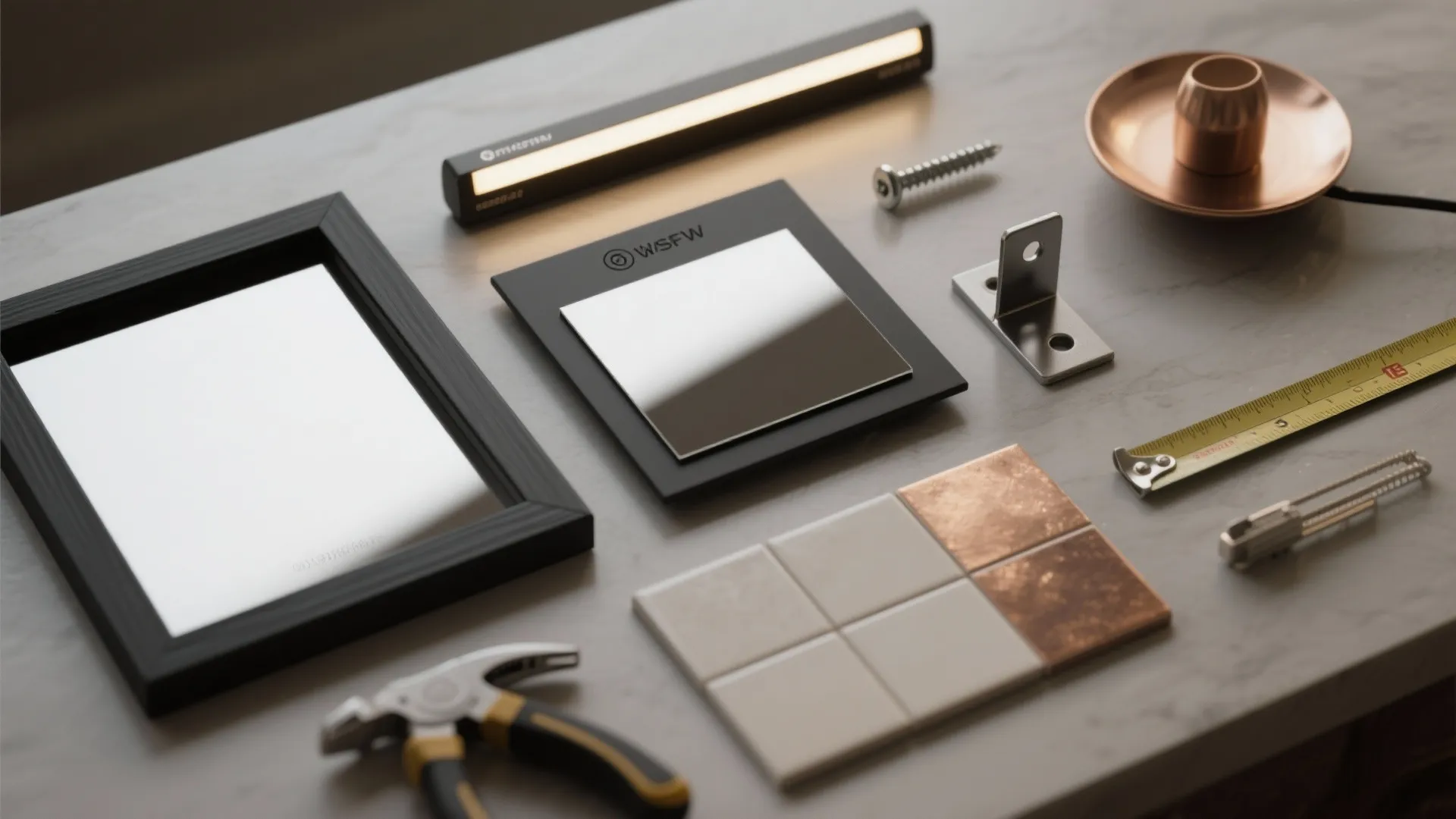 Flatlay of home renovation tools including a tape measure tiles small mirror and light fixture